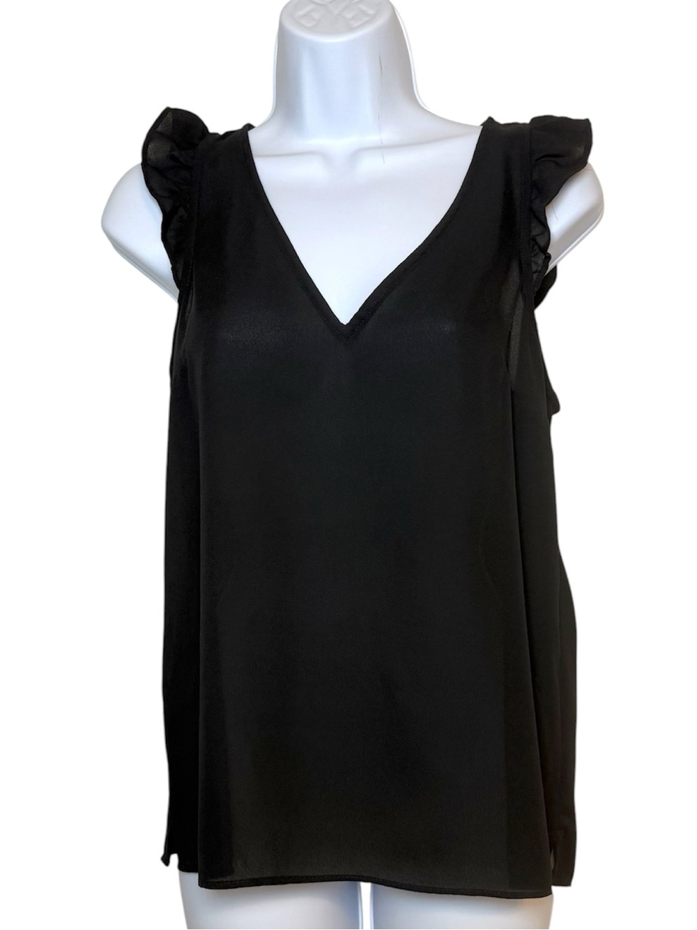 J. Crew Black Ruffle Sleeve V Neck Blouse Sheer Sleeveless Top